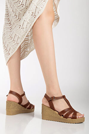 Kadın Dolgu Topuk Sandalet Ayakkabı Taba 3 Bantlı Baretli