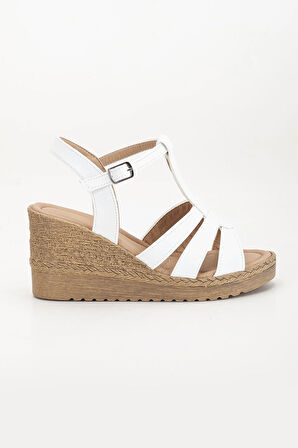 Kadın Dolgu Topuk Sandalet Ayakkabı Beyaz 3 Bantlı Baretli