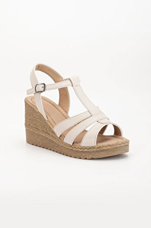 Kadın Dolgu Topuk Sandalet Ayakkabı Bej 3 Bantlı Baretli