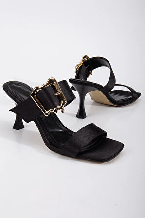 Kadın Topuklu Terlik Siyah Saten Tek Bant Aksesuarlı