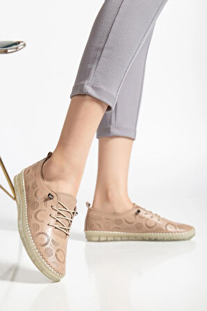 Hakiki Deri Kadın Günlük Ayakkabı Vizon Lazer Baskılı Elastik Bağcıklı Jel Taban