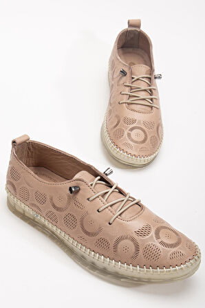 Hakiki Deri Kadın Günlük Ayakkabı Vizon Lazer Baskılı Elastik Bağcıklı Jel Taban