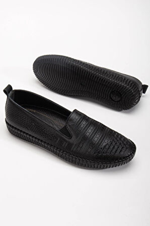 Hakiki Deri Ortopedik Kadın Günlük Ayakkabı Siyah Bağsız Lazer Baskılı