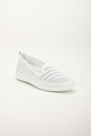 Hakiki Deri Ortopedik Kadın Günlük Ayakkabı Beyaz Bağsız Lazer Baskılı