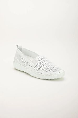 Hakiki Deri Ortopedik Kadın Günlük Ayakkabı Beyaz Bağsız Lazer Baskılı