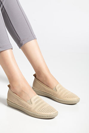 Hakiki Deri Ortopedik Kadın Günlük Ayakkabı Bej Bağsız Lazer Baskılı