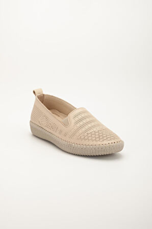 Hakiki Deri Ortopedik Kadın Günlük Ayakkabı Bej Bağsız Lazer Baskılı