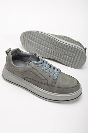 Hakiki Deri Erkek Günlük Ayakkabı Gri Nubuk Poli Taban Bağlı