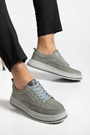 Hakiki Deri Erkek Günlük Ayakkabı Gri Nubuk Poli Taban Bağlı