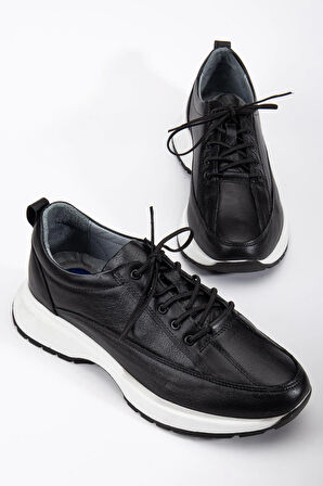 Hakiki Deri Erkek Günlük Ayakkabı Siyah Elastik Bağcıklı Kalın Taban