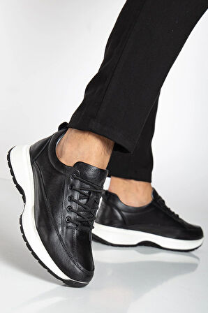 Hakiki Deri Erkek Günlük Ayakkabı Siyah Elastik Bağcıklı Kalın Taban