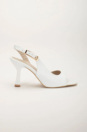 Kadı Topuklu Sandalet Ayakkabı Beyaz Cilt Yan Büyük Tokalı