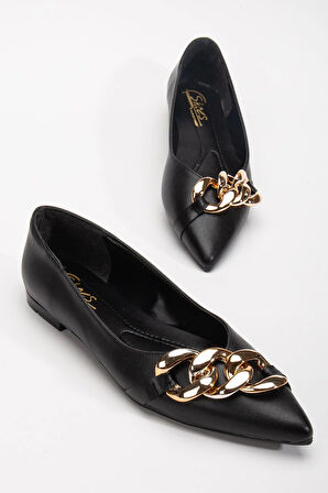 Kadın Babet Siyah Cilt Zincir Detaylı Sivri Kalıp