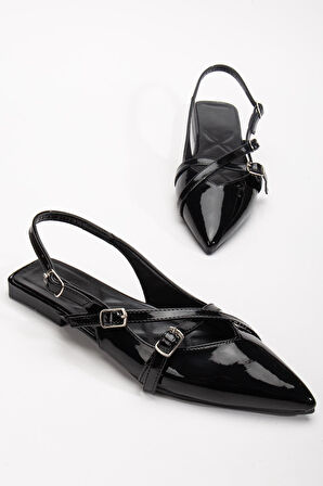 Badın Babet Siyah Rugan Çapraz Bantlı Arka Açık Sivri