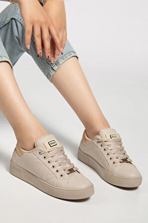 Kadın Casual Spor Ayakkabı Bej İnce Taban Bağcıklı