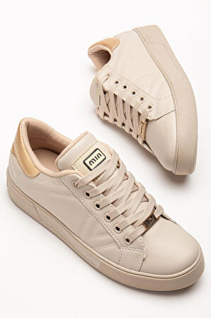 Kadın Casual Spor Ayakkabı Bej İnce Taban Bağcıklı