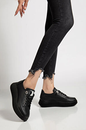 Kadın Casual Spor Ayakkabı Siyah Elastik Bağcıklı Kalın Taban