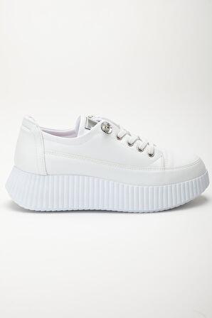 Kadın Casual Spor Ayakkabı Beyaz Elastik Bağcıklı Kalın Taban