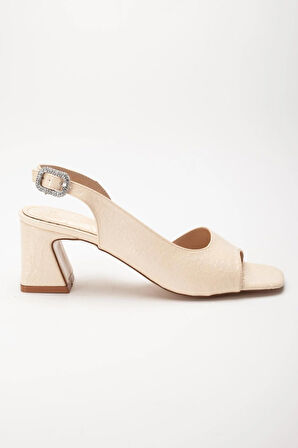 Kadın Topuklu Sandalet Ayakkabı Bej Rugan Kroko Baskılı Tan Taşlı Tokalı