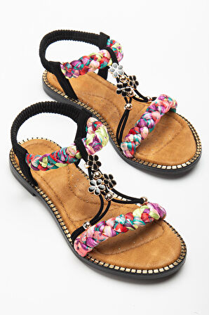 Kadın DÜz Topuklu Sandalet Siyah Örgü Bantlı Çiçek Tokalı