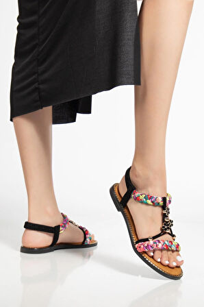 Kadın DÜz Topuklu Sandalet Siyah Örgü Bantlı Çiçek Tokalı