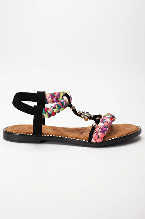 Kadın DÜz Topuklu Sandalet Siyah Örgü Bantlı Çiçek Tokalı