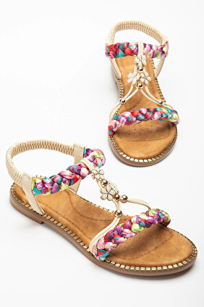 Kadın DÜz Topuklu Sandalet Bej Örgü Bantlı Çiçek Tokalı