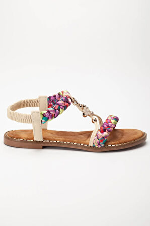 Kadın DÜz Topuklu Sandalet Bej Örgü Bantlı Çiçek Tokalı