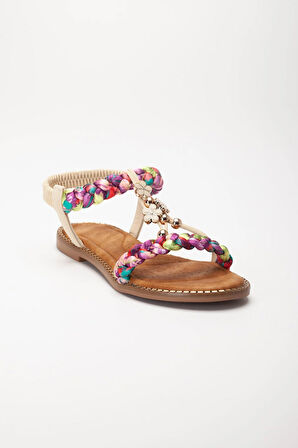 Kadın DÜz Topuklu Sandalet Bej Örgü Bantlı Çiçek Tokalı