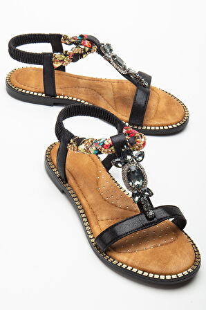 Kadın Düz Topuklu Sandalet Siyah Taşlı Tokalı Tekbant Örgü Baretli