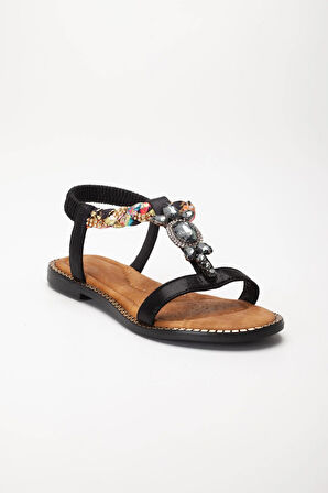 Kadın Düz Topuklu Sandalet Siyah Taşlı Tokalı Tekbant Örgü Baretli