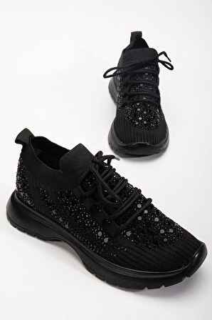 Kadın Spor Ayakkabı Siyah Triko Taş Döşemeli Kalın Taban