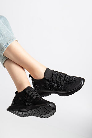 Kadın Spor Ayakkabı Siyah Triko Taş Döşemeli Kalın Taban