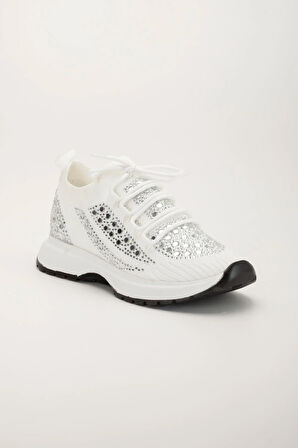 Kadın Spor Ayakkabı Beyaz Triko Taş Döşemeli Kalın Taban