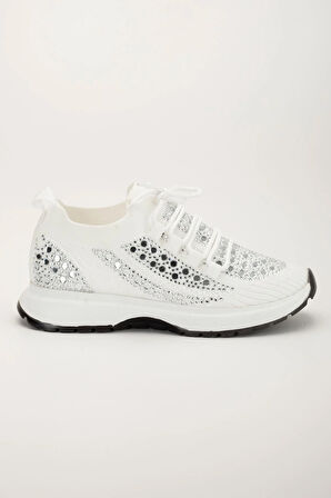 Kadın Spor Ayakkabı Beyaz Triko Taş Döşemeli Kalın Taban