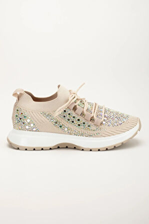 Kadın Spor Ayakkabı Bej Triko Taş Döşemeli Kalın Taban