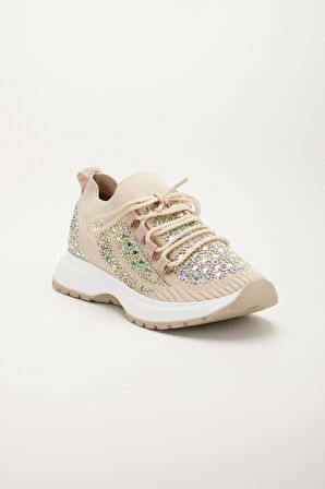 Kadın Spor Ayakkabı Bej Triko Taş Döşemeli Kalın Taban