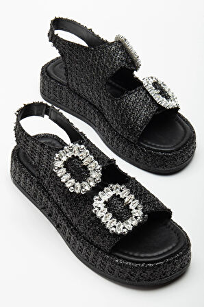 Kadın Dolgu Topuk Sandalet Siyah Çift Bantlı Hasır Malzeme Taşlı Tokalı