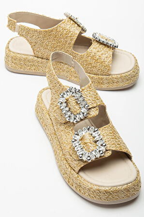 Kadın Dolgu Topuk Sandalet Bej Çift Bantlı Hasır Malzeme Taşlı Tokalı