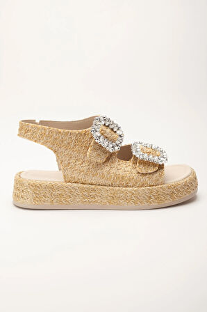 Kadın Dolgu Topuk Sandalet Bej Çift Bantlı Hasır Malzeme Taşlı Tokalı