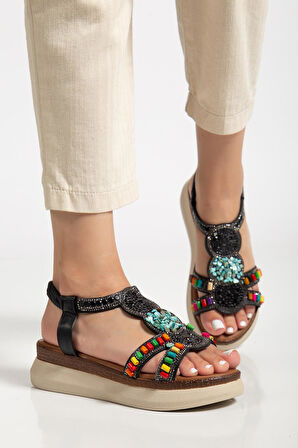 Kadın Dolgu Taban Sandalet Siyah Bocuklu İki Bantlı