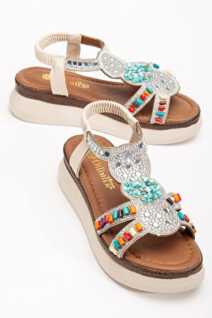 Kadın Dolgu Taban Sandalet Bej Bocuklu İki Bantlı