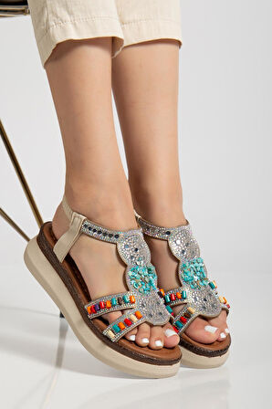 Kadın Dolgu Taban Sandalet Bej Bocuklu İki Bantlı