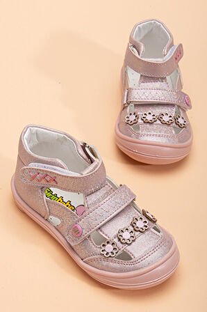 Şirinbebe Ortopedik Kız Bebek İlkadım Ayakkabı Pembe Çift Cırtlı Çiçekli