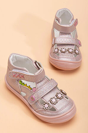 Şirinbebe Ortopedik Kız Bebek İlkadım Ayakkabı Pembe Çift Cırtlı Çiçekli