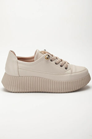 Kadın Casual Spor Ayakkabı Bej Elastik Bağcıklı Kalın Taban