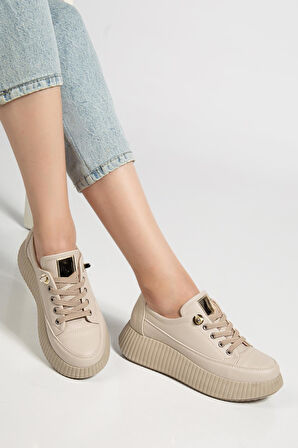 Kadın Casual Spor Ayakkabı Bej Elastik Bağcıklı Kalın Taban