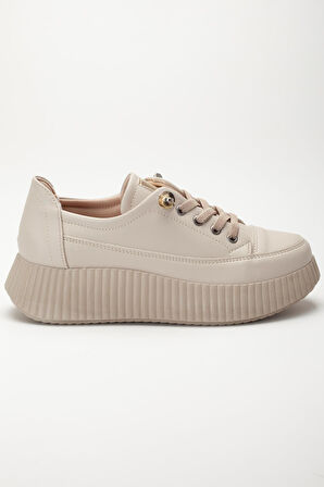 Kadın Casual Spor Ayakkabı Bej Elastik Bağcıklı Kalın Taban