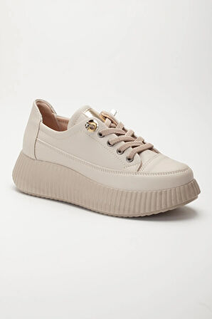 Kadın Casual Spor Ayakkabı Bej Elastik Bağcıklı Kalın Taban