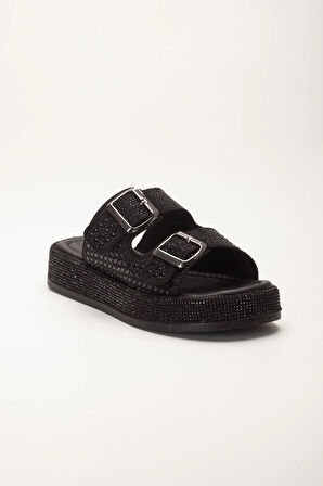 Kadın Dolgu Topuklu Terlik Siyah Çift Bantlı Taşlı Tokalı